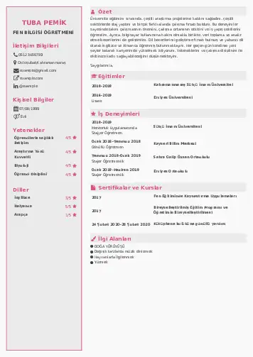 Fen Bilgisi Öğretmeni CV Örnekleri cv indir